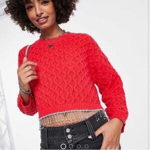 Red Knit Sweater with Rhinestone Hem
